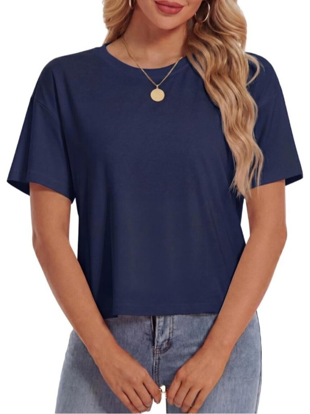 Women's Navy Short Sleeve Round Neck Summer Casual Loose Cotton Crop Tops